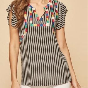Andree Pinstripe Boho Embroidered Top